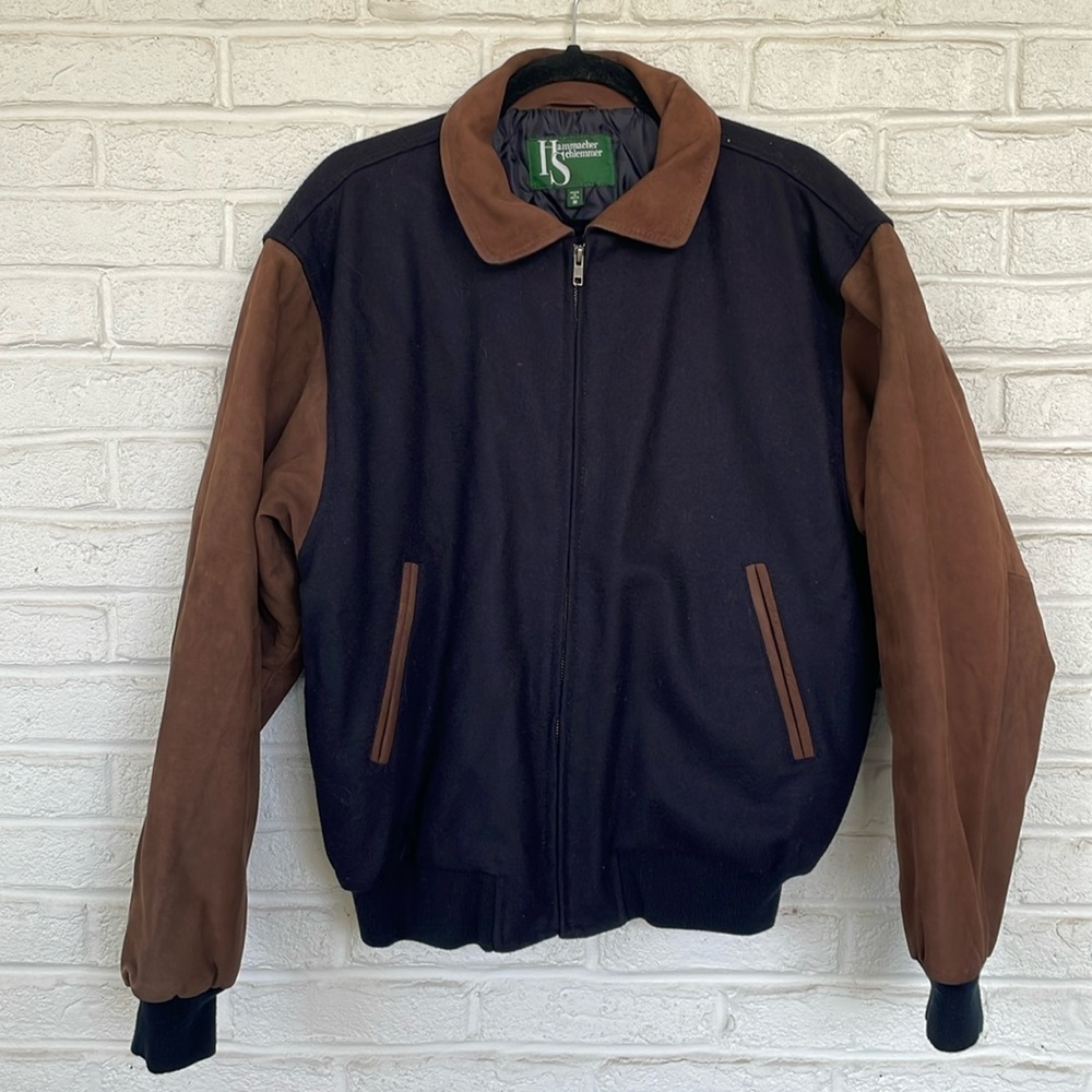 Hammacher Schlemmer Navy Wool and Brown Suede Bomber/Varsity Jacket